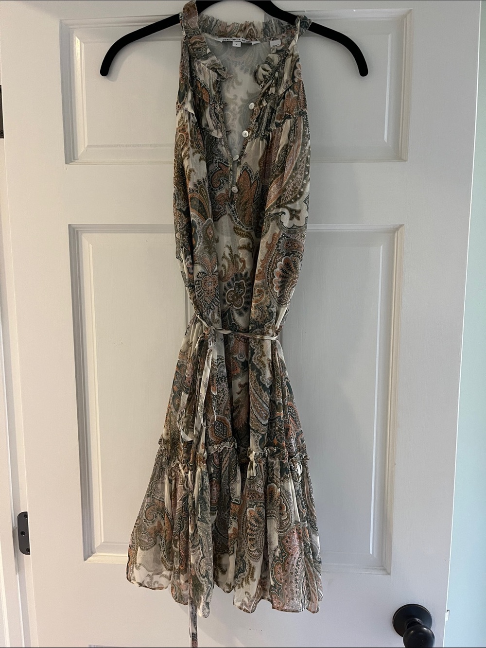Veronica Beard Cream Paisley Tiered Mini Dress with Earth Tones